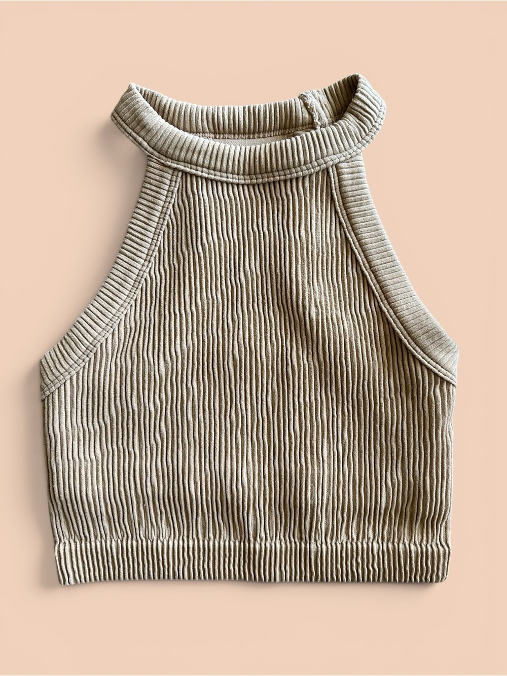 aerie Ribbed High Neck Crop Top in Beige